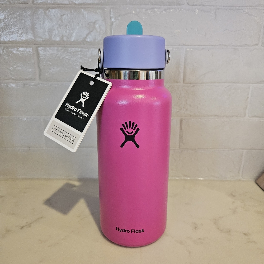 Hydroflask limited edition 32 oz wide mouth flex straw water bottle pink purple